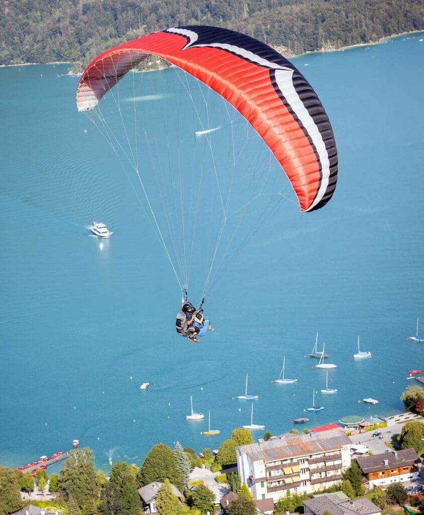 View over the Wolfgangsee while paragliding
